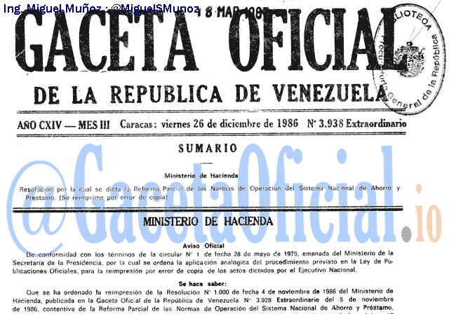 Gaceta Oficial 3938 del 26 Diciembre 1986