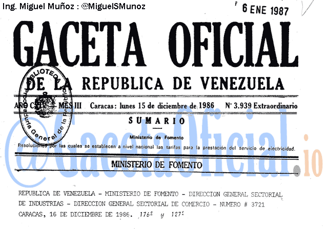 Gaceta Oficial 3939 del 15 Diciembre 1986