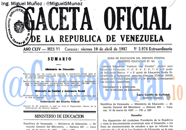 Gaceta Oficial 3976 del 10 Abril 1987