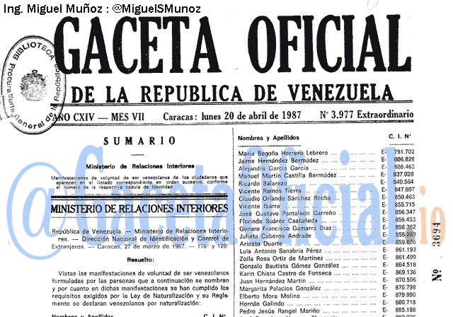 Gaceta Oficial 3977 del 20 Abril 1987