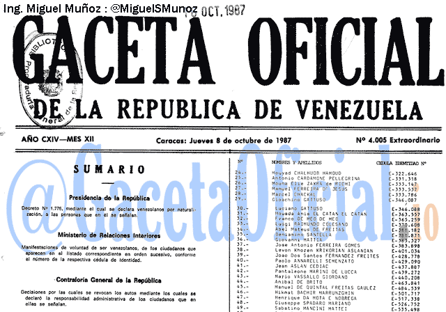 Gaceta Oficial 4005 del 8 Octubre 1987