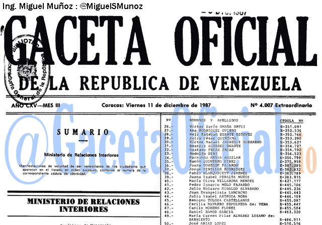 Gaceta Oficial 4007 del 11 Diciembre 1987