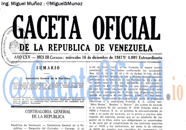 Gaceta Oficial 4009 del 16 Diciembre 1987