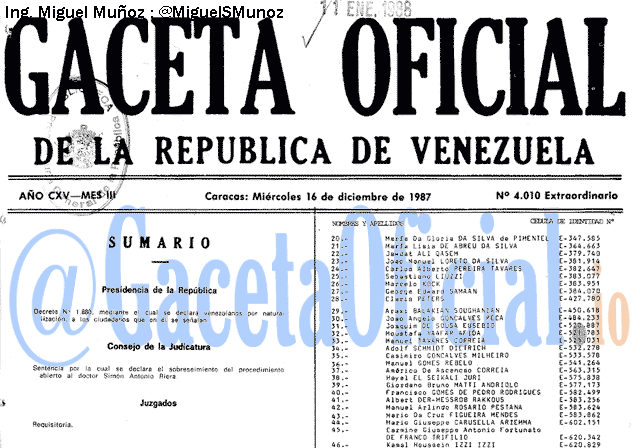 Gaceta Oficial 4010 del 16 Diciembre 1987