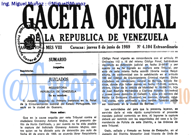 Gaceta Oficial 4104 del 8 Junio 1989