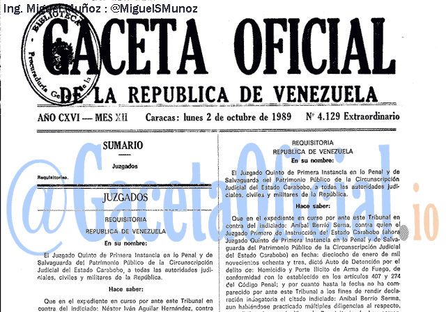Gaceta Oficial 4129 del 2 Octubre 1989