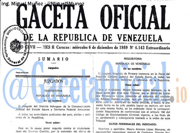 Gaceta Oficial 4143 del 6 Diciembre 1989
