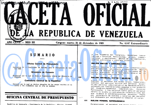 Gaceta Oficial 4147 del 26 Diciembre 1989
