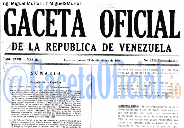 Gaceta Oficial 4153 del 28 Diciembre 1989