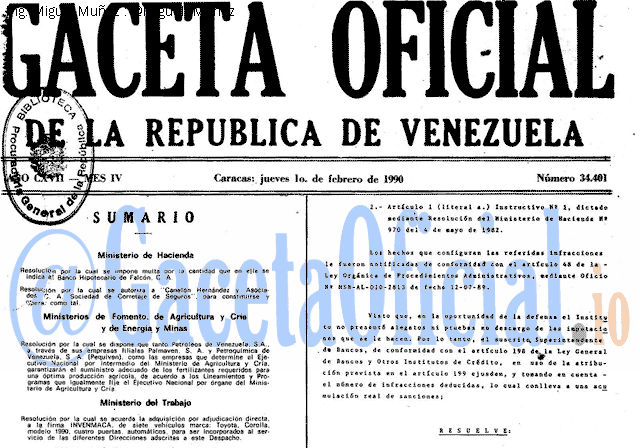Gaceta Oficial 34401 del 1 Febrero 1990