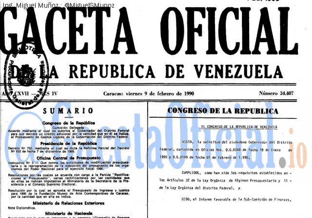 Gaceta Oficial 34407 del 9 Febrero 1990
