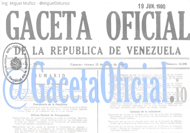 Gaceta Oficial 34490 del 15 Junio 1990