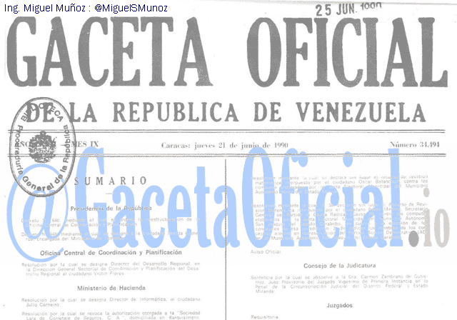 Gaceta Oficial 34494 del 21 Junio 1990