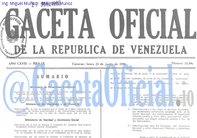 Gaceta Oficial 34496 del 25 Junio 1990