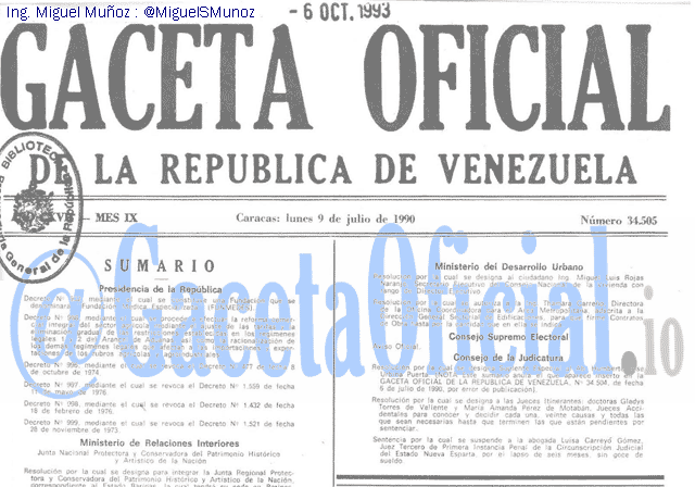 Gaceta Oficial 34505 del 9 Julio 1990