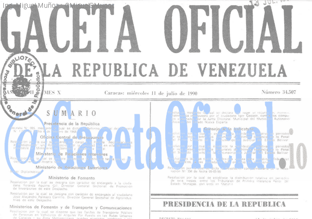 Gaceta Oficial 34507 del 11 Julio 1990
