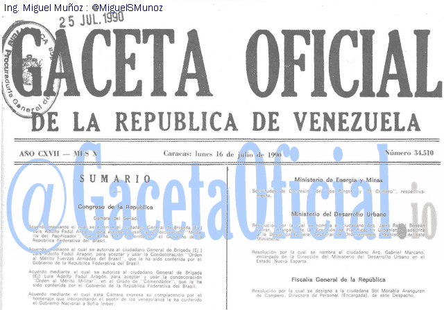 Gaceta Oficial 34510 del 16 Julio 1990