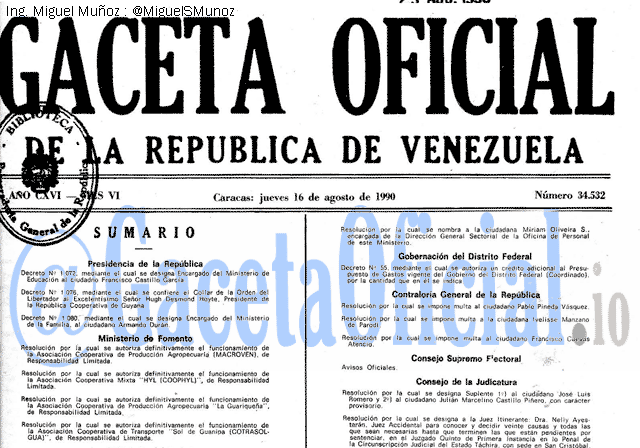 Gaceta Oficial 34532 del 16 Agosto 1990