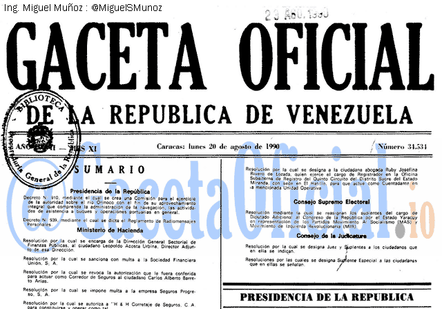 Gaceta Oficial 34534 del 20 Agosto 1990