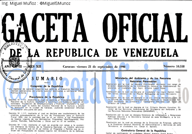 Gaceta Oficial 34558 del 21 Septiembre 1990
