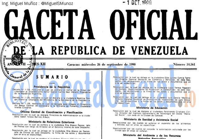 Gaceta Oficial 34561 del 26 Septiembre 1990