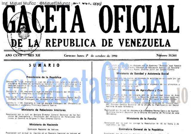 Gaceta Oficial 34564 del 1 Octubre 1990
