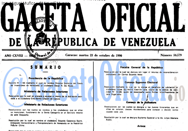 Gaceta Oficial 34579 del 23 Octubre 1990