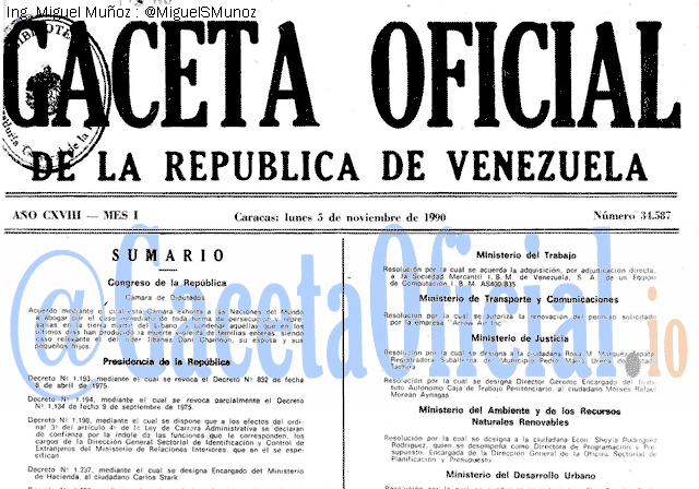 Gaceta Oficial 34587 del 5 Noviembre 1990