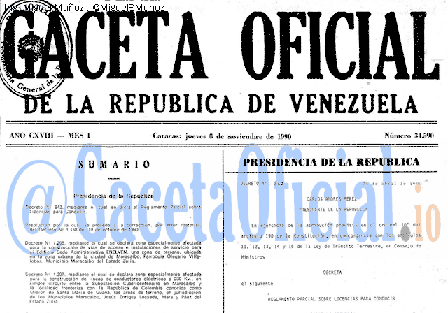 Gaceta Oficial 34590 del 8 Noviembre 1990