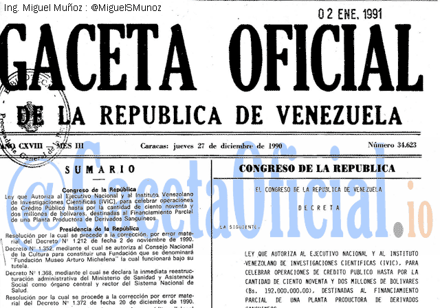 Gaceta Oficial 34623 del 27 Diciembre 1990