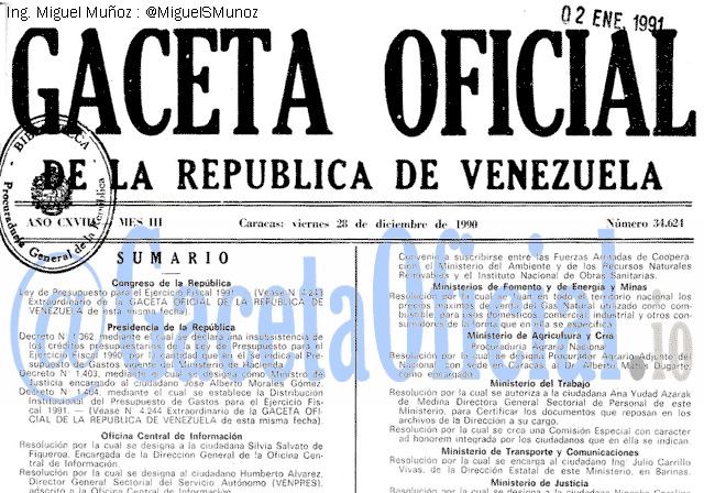 Gaceta Oficial 34624 del 28 Diciembre 1990