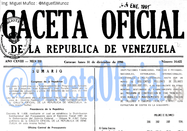 Gaceta Oficial 34625 del 31 Diciembre 1990
