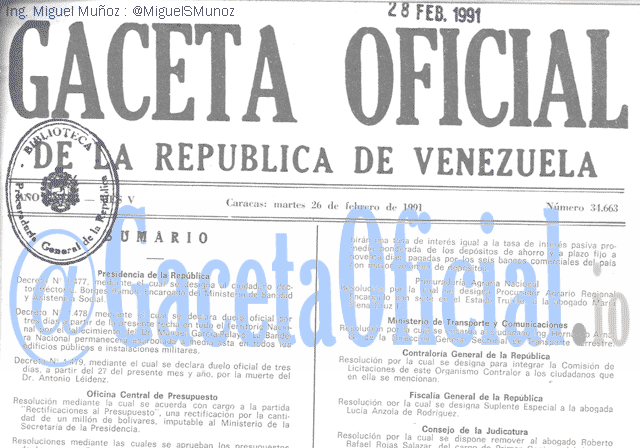 Gaceta Oficial 34663 del 26 Febrero 1991