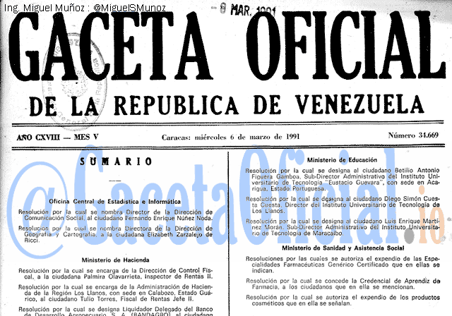 Gaceta Oficial 34669 del 6 Marzo 1991