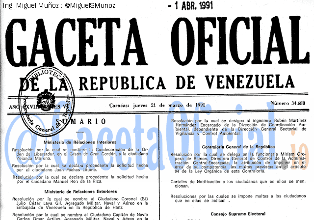 Gaceta Oficial 34680 del 21 Marzo 1991