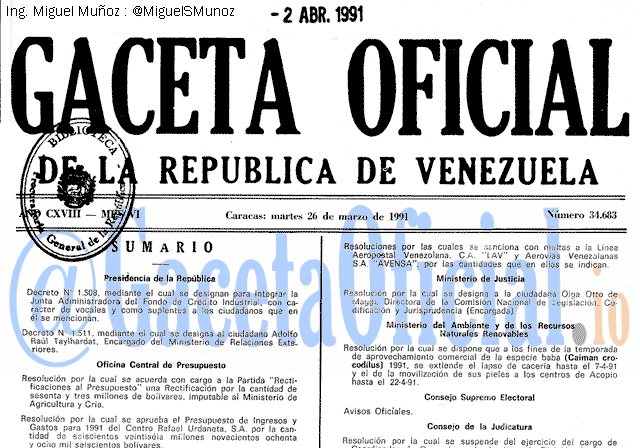 Gaceta Oficial 34683 del 26 Marzo 1991