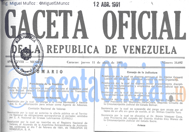 Gaceta Oficial 34692 del 11 Abril 1991