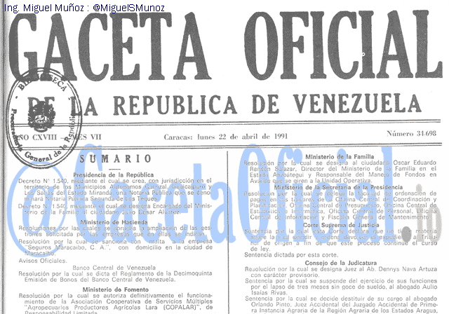 Gaceta Oficial 34698 del 22 Abril 1991