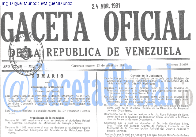 Gaceta Oficial 34699 del 23 Abril 1991
