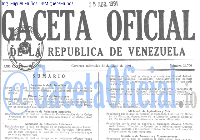 Gaceta Oficial 34700 del 24 Abril 1991