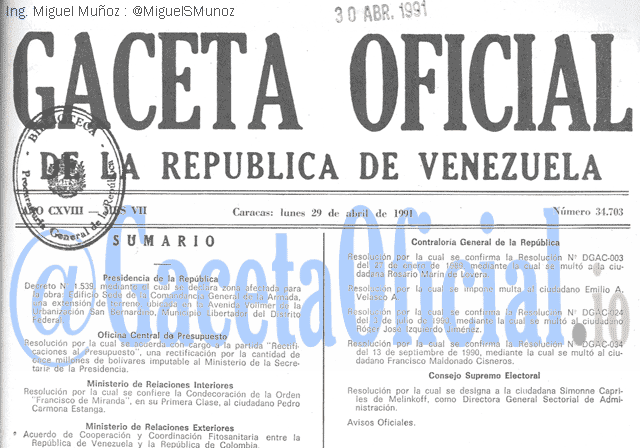 Gaceta Oficial 34703 del 29 Abril 1991