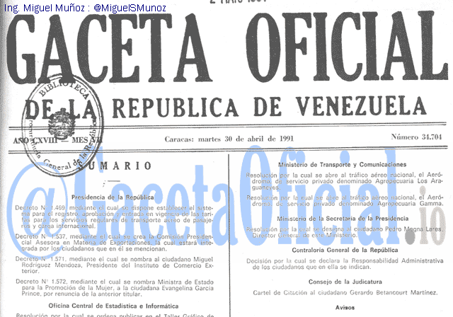 Gaceta Oficial 34704 del 30 Abril 1991