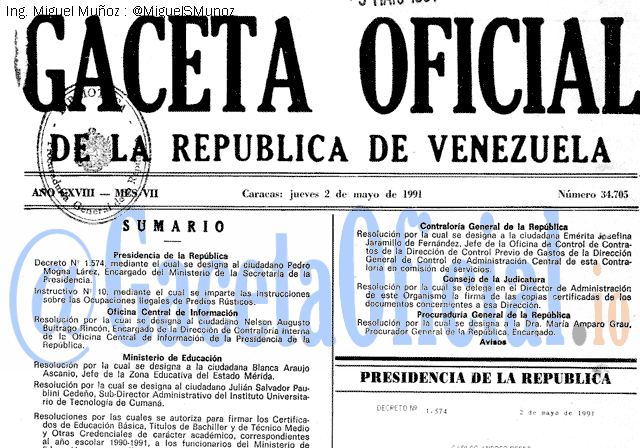 Gaceta Oficial 34705 del 2 Mayo 1991