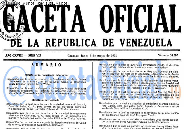 Gaceta Oficial 34707 del 6 Mayo 1991