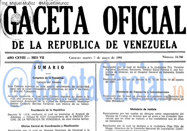 Gaceta Oficial 34708 del 7 Mayo 1991