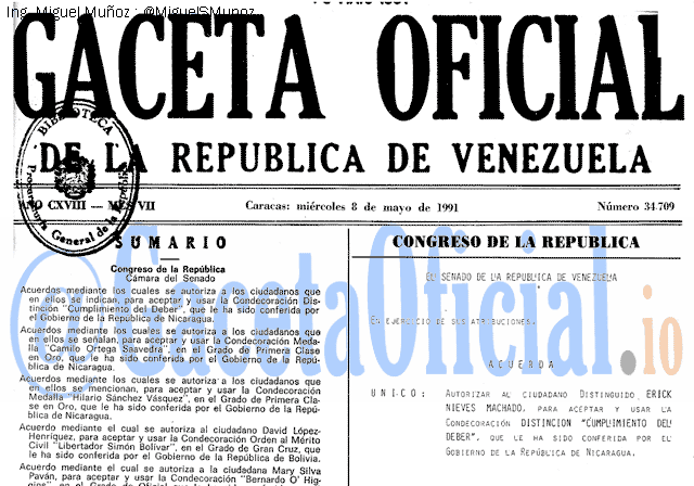 Gaceta Oficial 34709 del 8 Mayo 1991