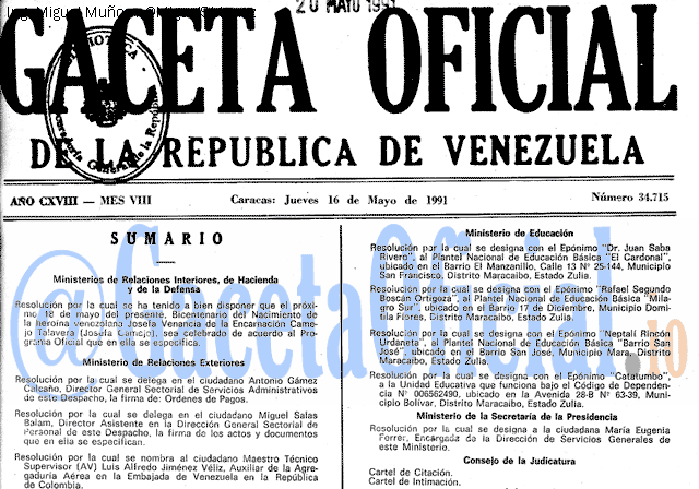 Gaceta Oficial 34715 del 16 Mayo 1991