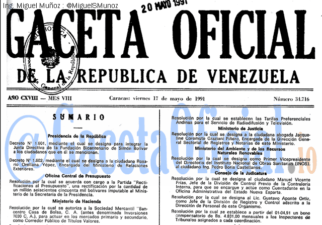 Gaceta Oficial 34716 del 17 Mayo 1991