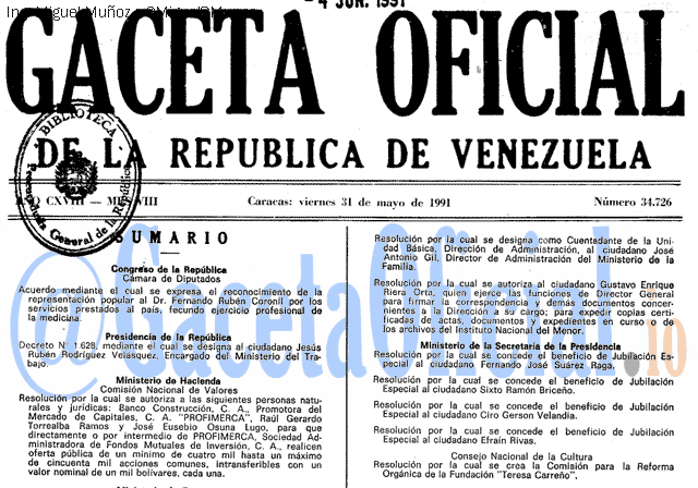 Gaceta Oficial 34726 del 31 Mayo 1991