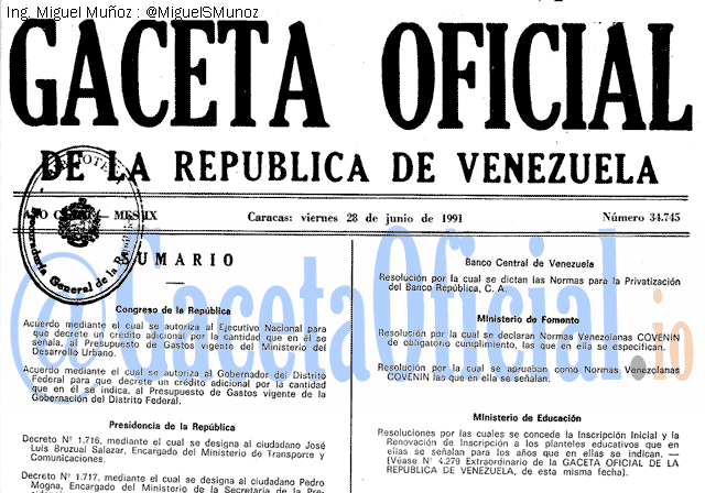 Gaceta Oficial 34745 del 28 Junio 1991